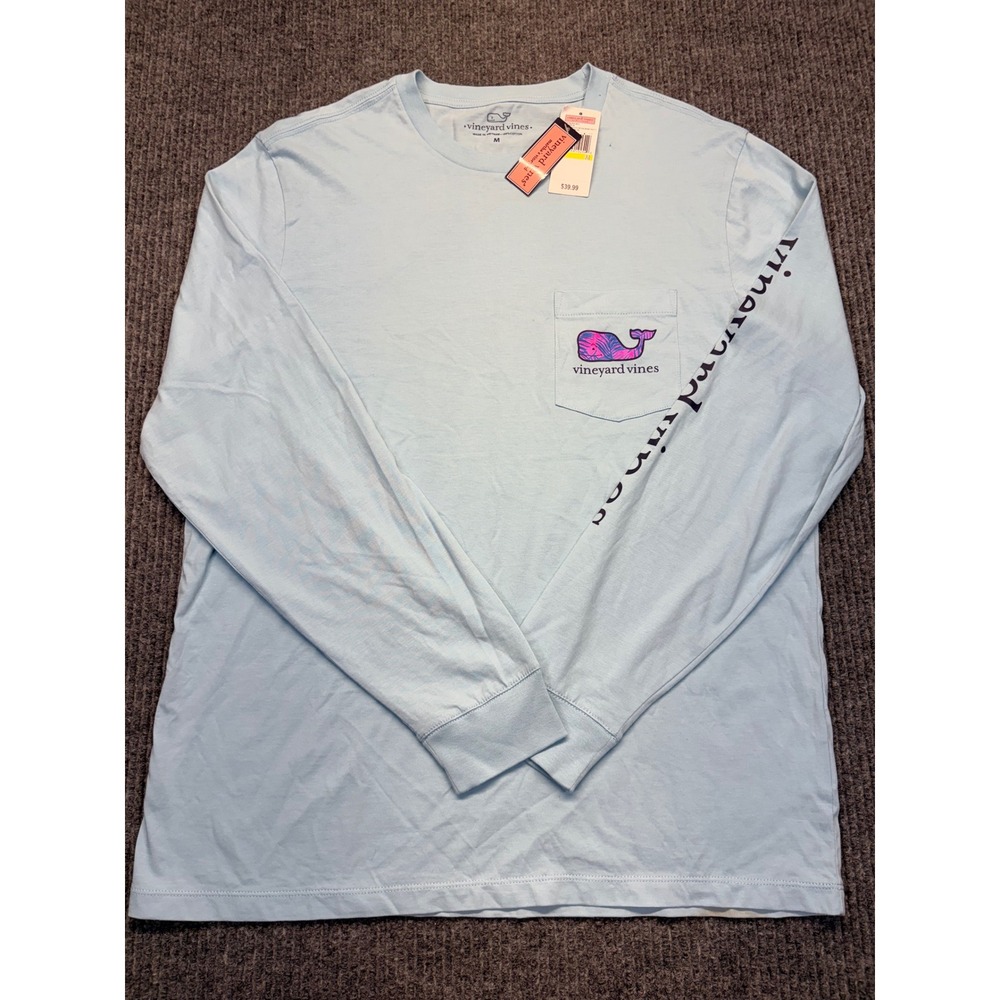 Vineyard Vines Mens Long Sleeve Watercolor Palm Whale Pocket T-Shirt Blue M NWT